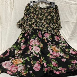 Monteau Black Floral Two-Piece Dress with Pink and Green Roses